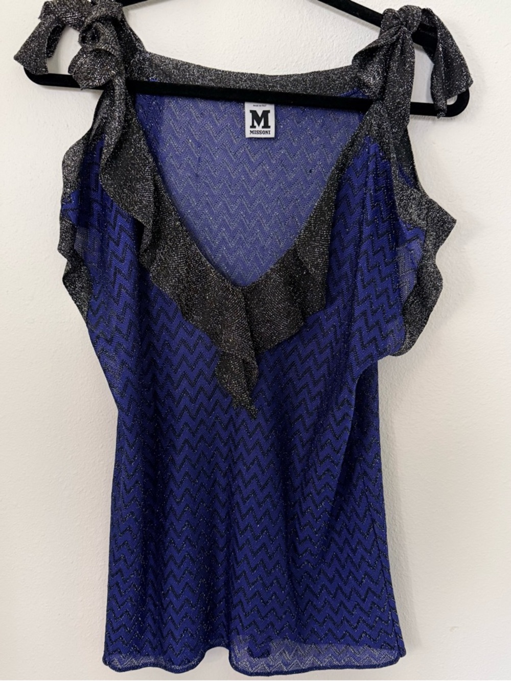 Missoni Blue Black Zigzag Knit Top Cold Shoulder Tie Strap Metallic Italy M